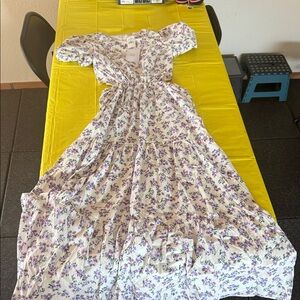 Wayf Cream Maxi Dress with Purple Floral Print